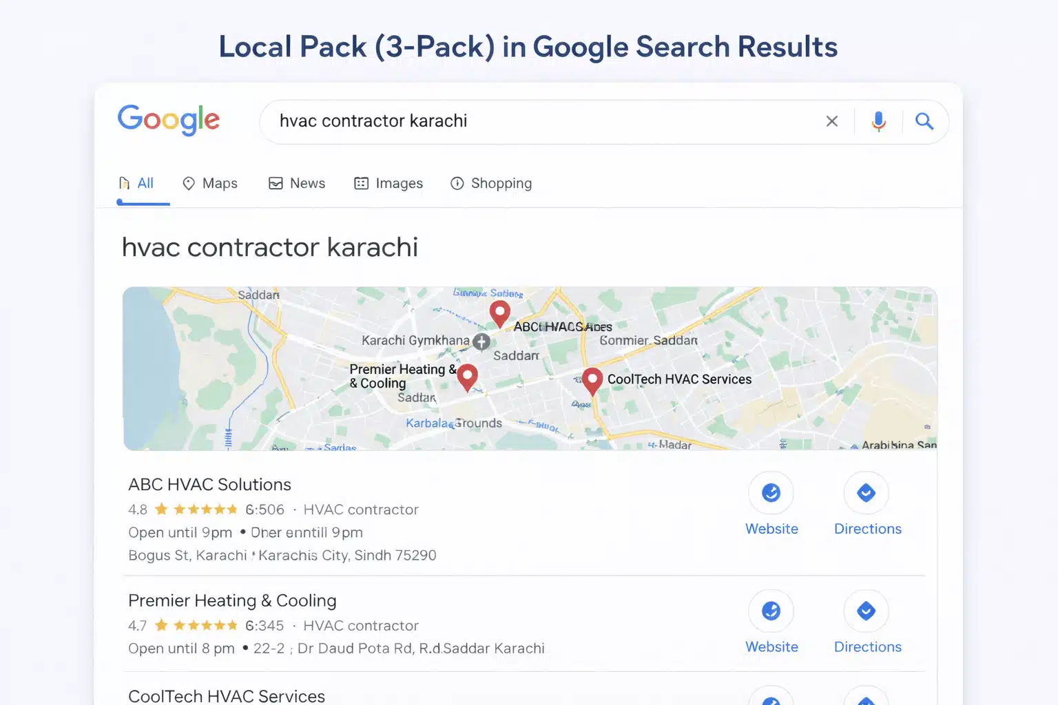 Google Maps local pack example showing top 3 businesses in Karachi