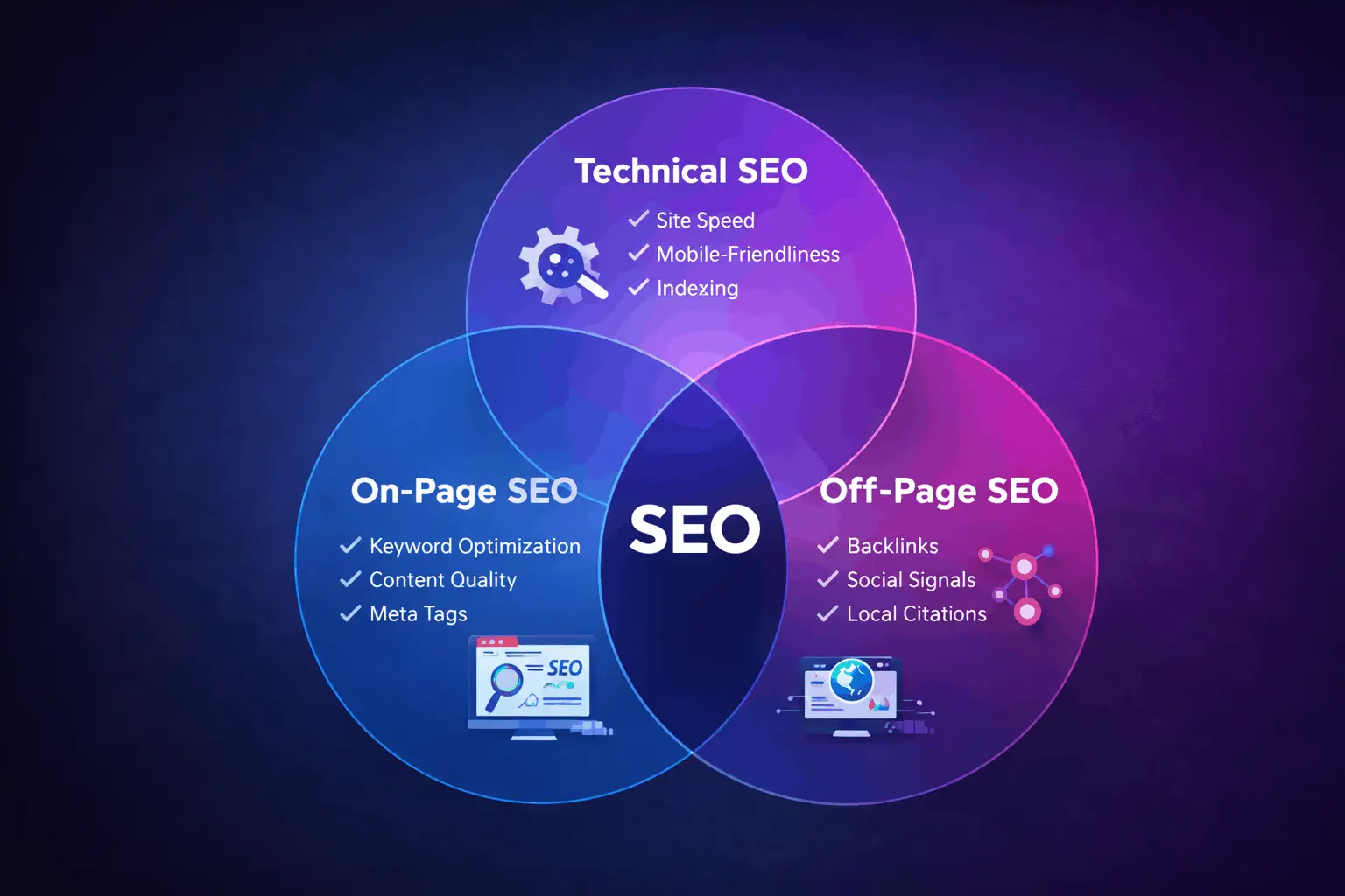 Diagram showing on-page SEO vs technical SEO vs off-page SEO differences