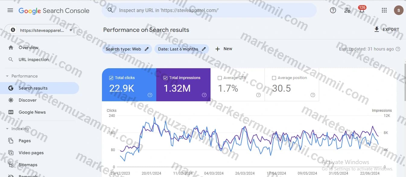 Steve Apparel Google Search Console performance data