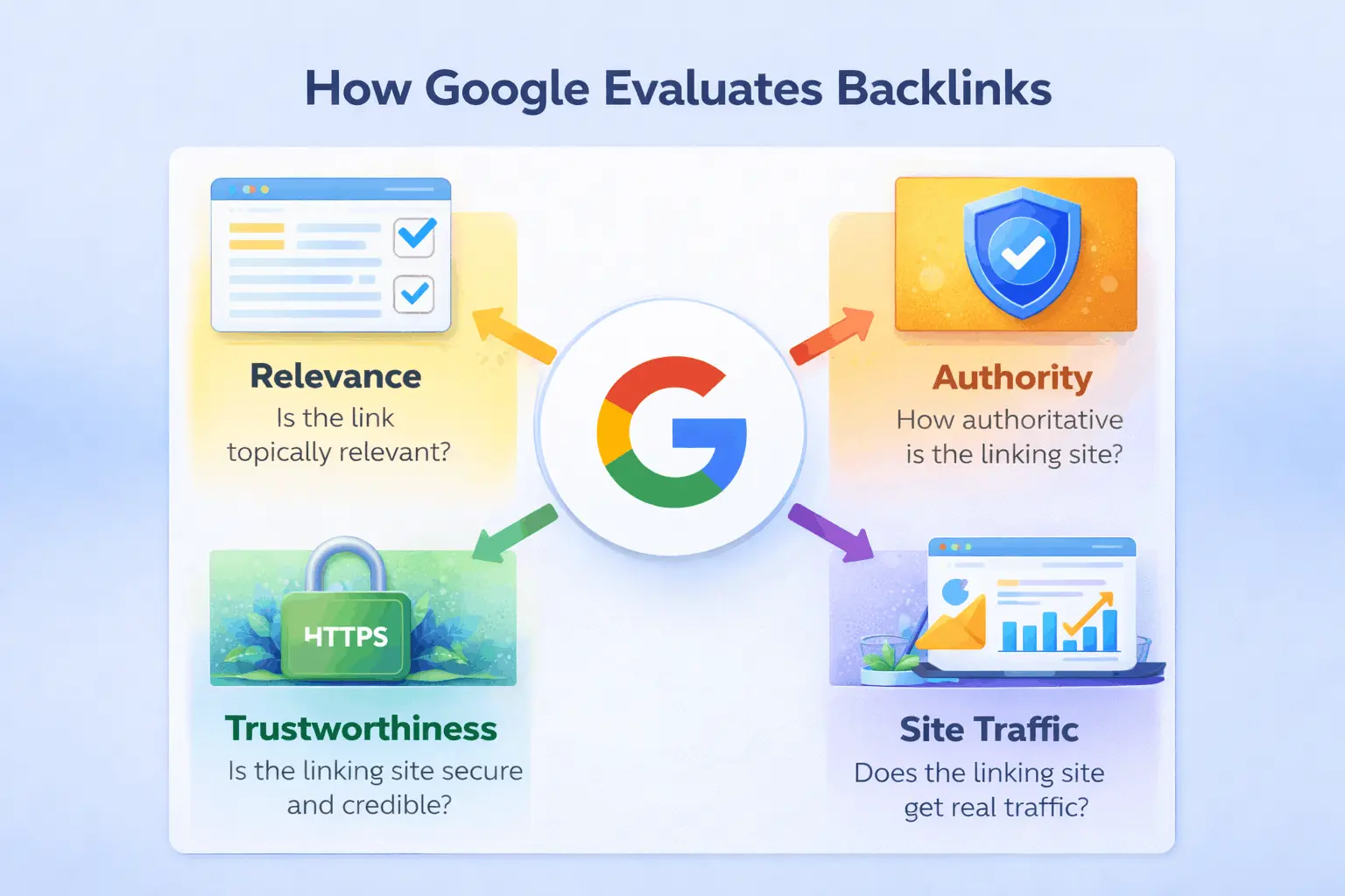 Diagram showing how Google evaluates backlinks for SEO